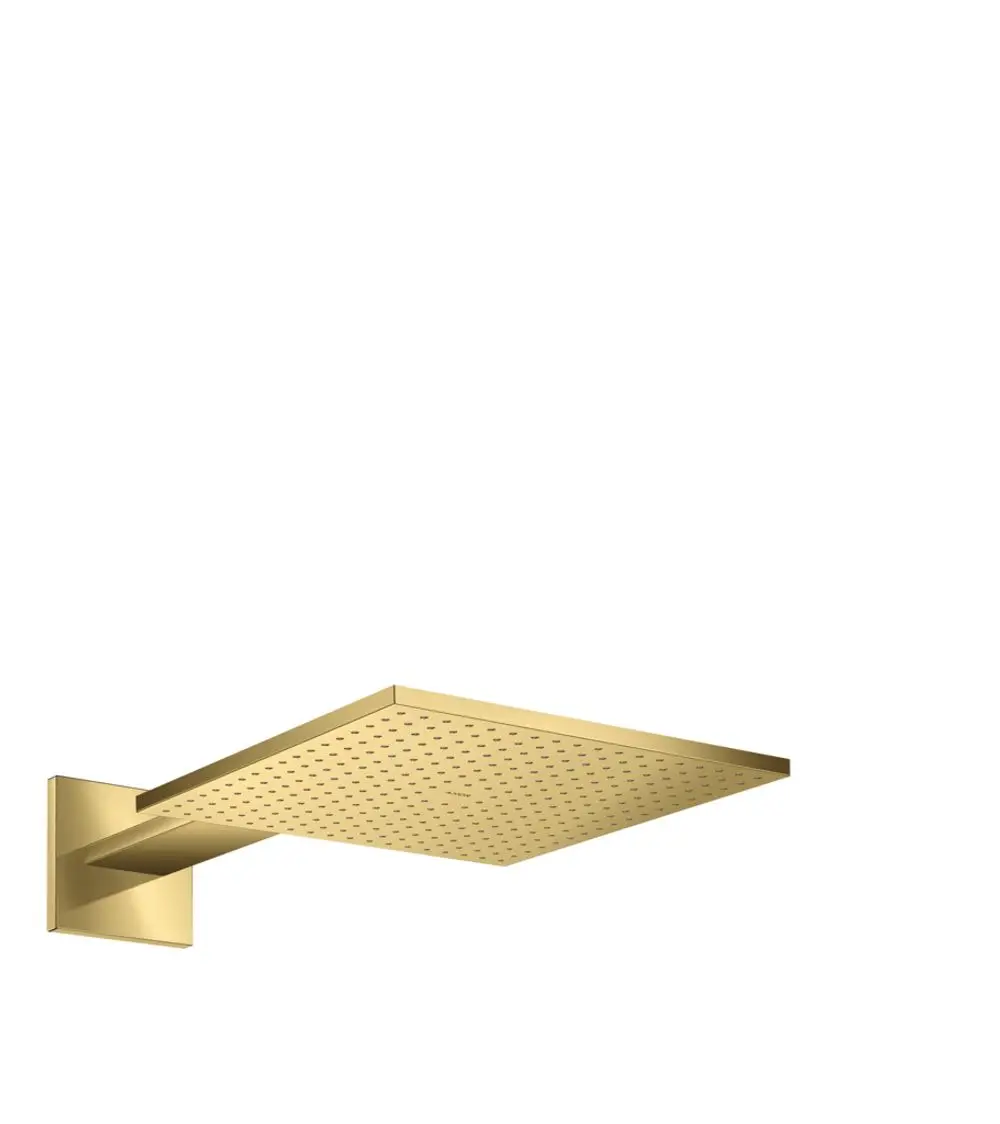 Wandmontierte Kopfbrause in polierter Goldoptik von AXOR, mit rechteckigem, flachem Design und Wasserstrahllöchern auf der Oberseite.